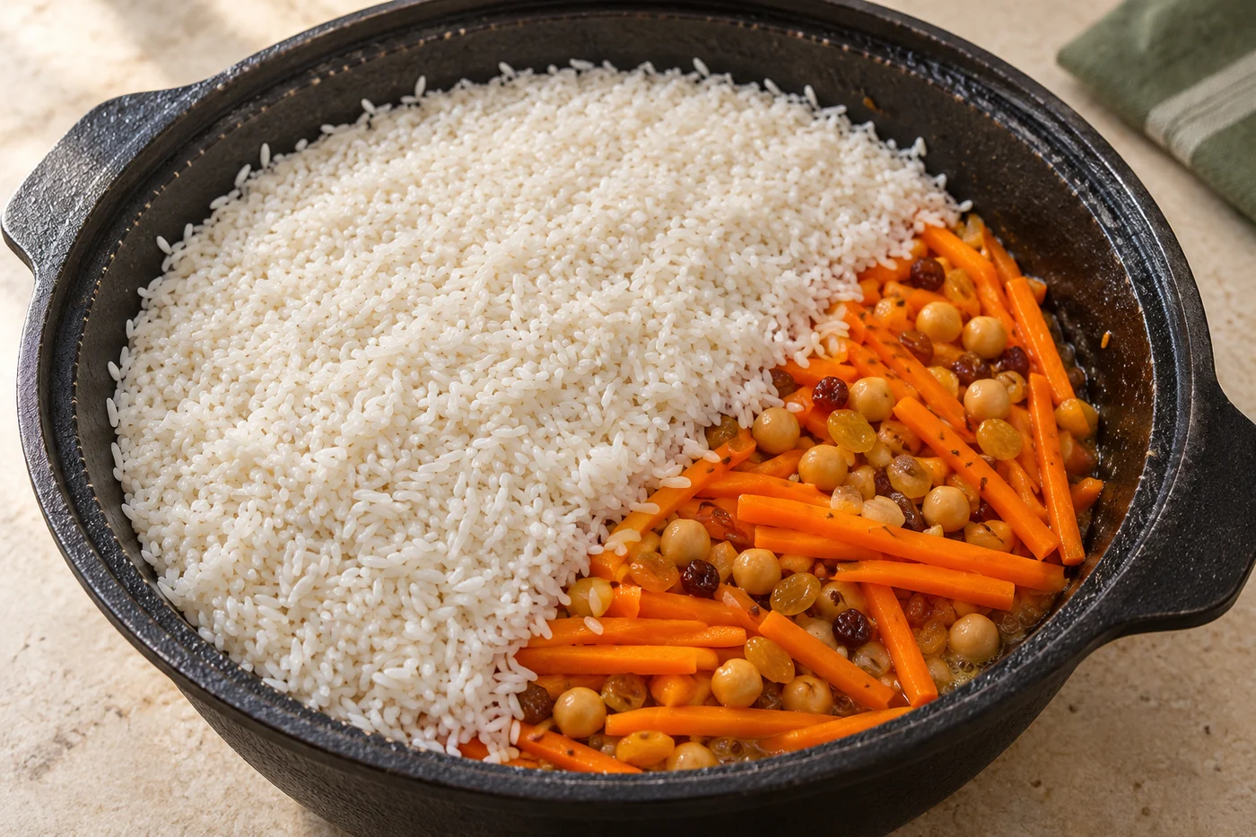Yuqorida guruch, ostida sabzili asos: bir-birining ustiga joylashtirilgan masalliqlar.