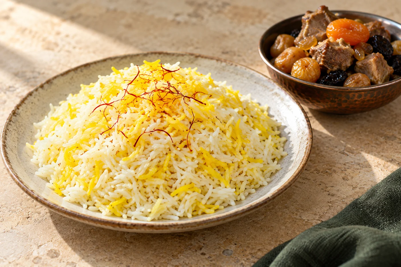 Za’faronli guruch va alohida qayla bilan tortilgan suzme plov koʻrinishi.